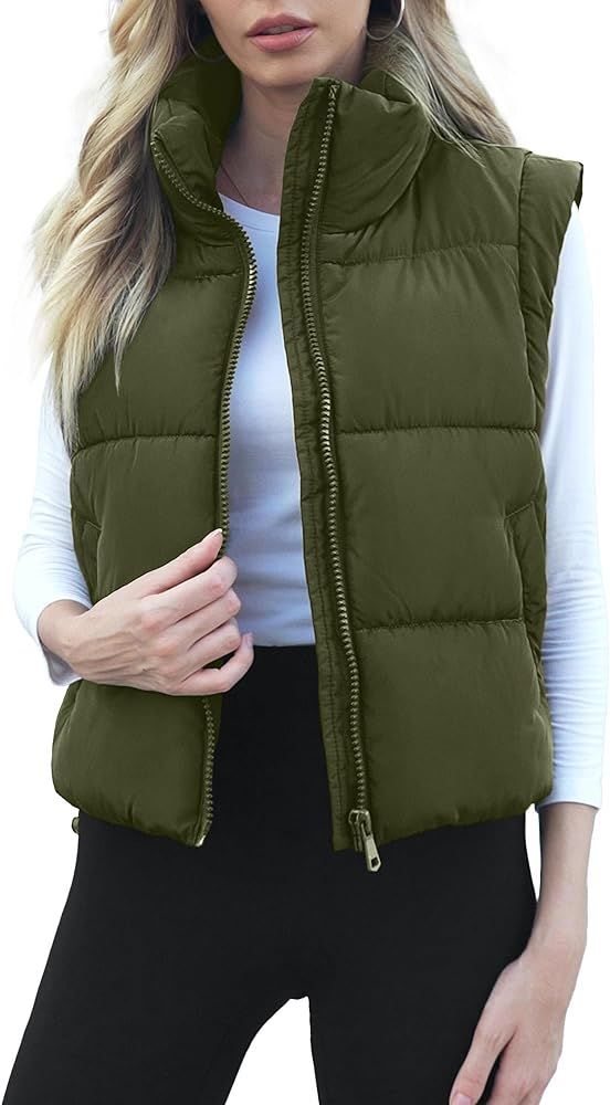 Womens Puffer Vest Sleeveless Stand Collar Outerwear Zip Up Puffy Jacket Coat with Pockets | Amazon (US)