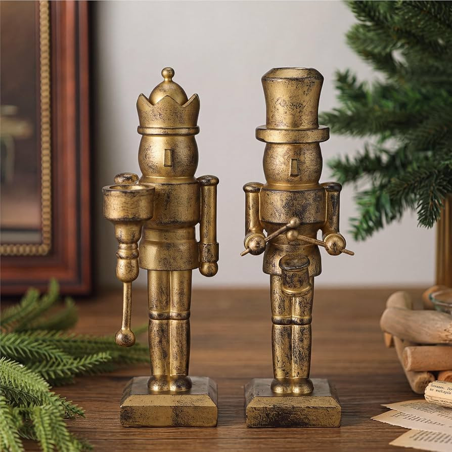 Qinyoung 2 Pcs Gold 9.84" Nutcracker Christmas Candle Holders | Amazon (US)