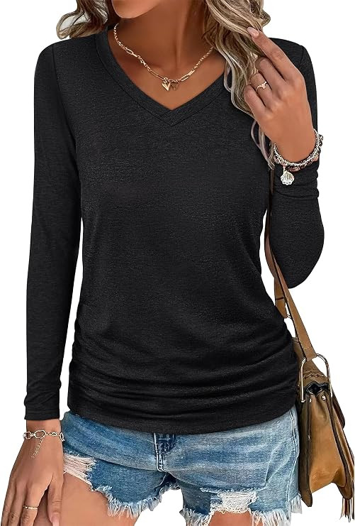ANRABESS Long Sleeve Shirts for Women V Neck Tops | Ruched Hem T-Shirts，Soft Cute Fall Outfits... | Amazon (US)
