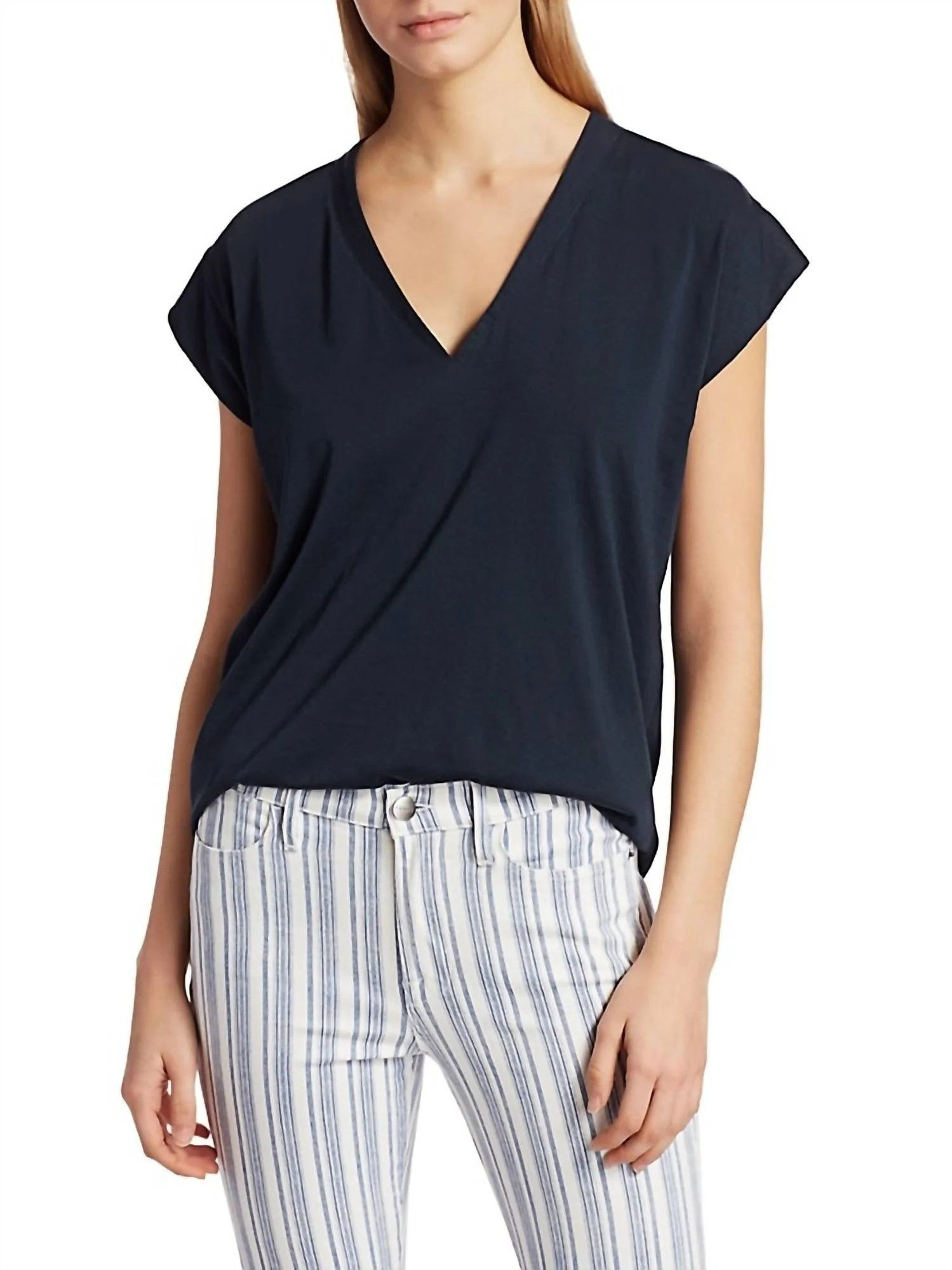 Le Mid Rise V-Neck Tee In Navy | Shop Simon