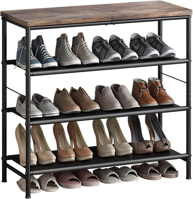 Shoe Rack Organizer 4 Tier Metal Organizer Shelf with Industrial MDF Board and Layer Fabric for E... | Amazon (US)
