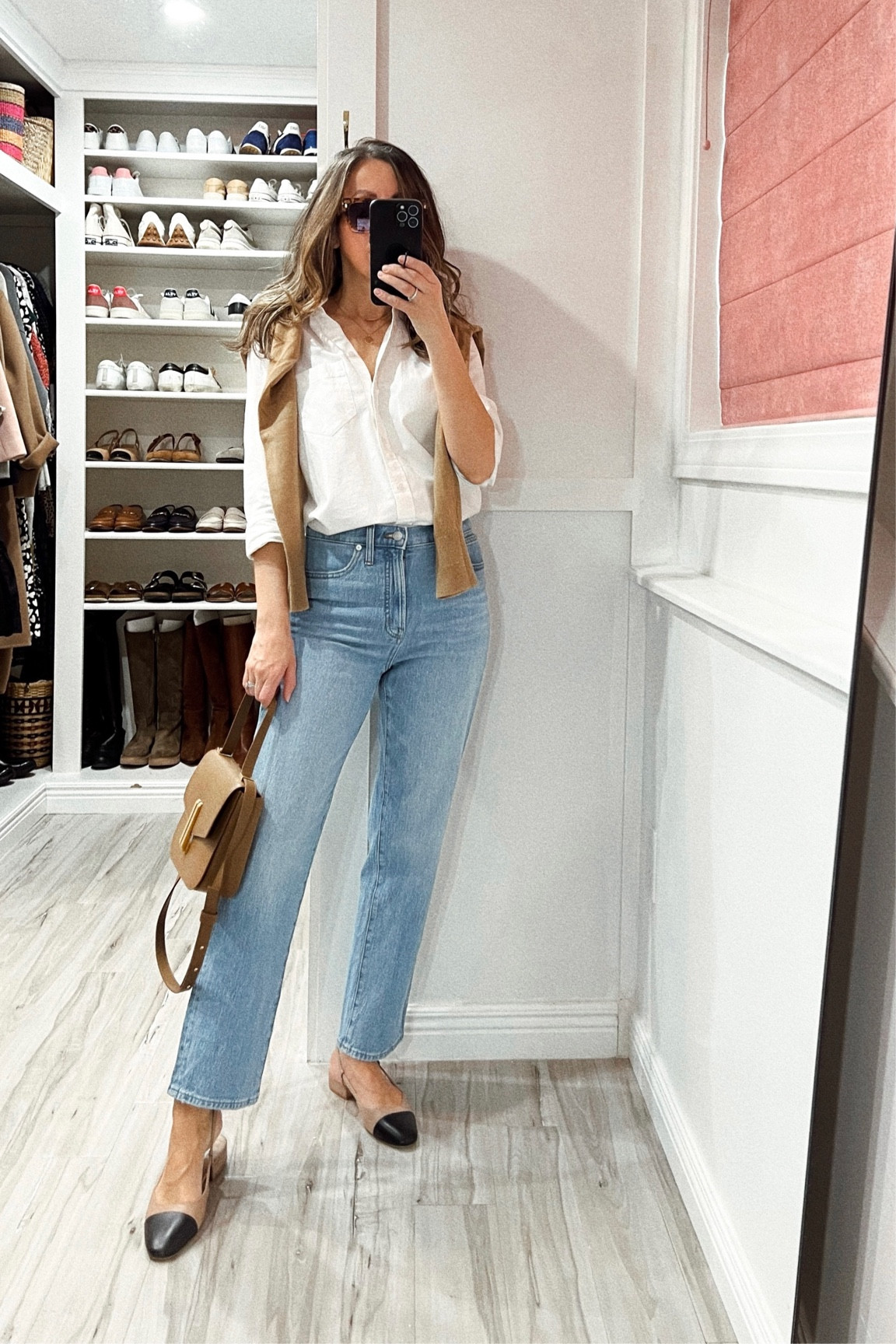 Jeans - size down if in-between sizes (I took my size for a super comfy fit) Slingback flats - size up a 1/2 size 
White shirt - tts for me (linked the updated version)
Everlane Cashmere sweater (old) linked identical for less (I get size small) 
Sunglasses are fabulous…oversized and the price is amazing! 

#LTKshoecrush #LTKstyletip #LTKsalealert