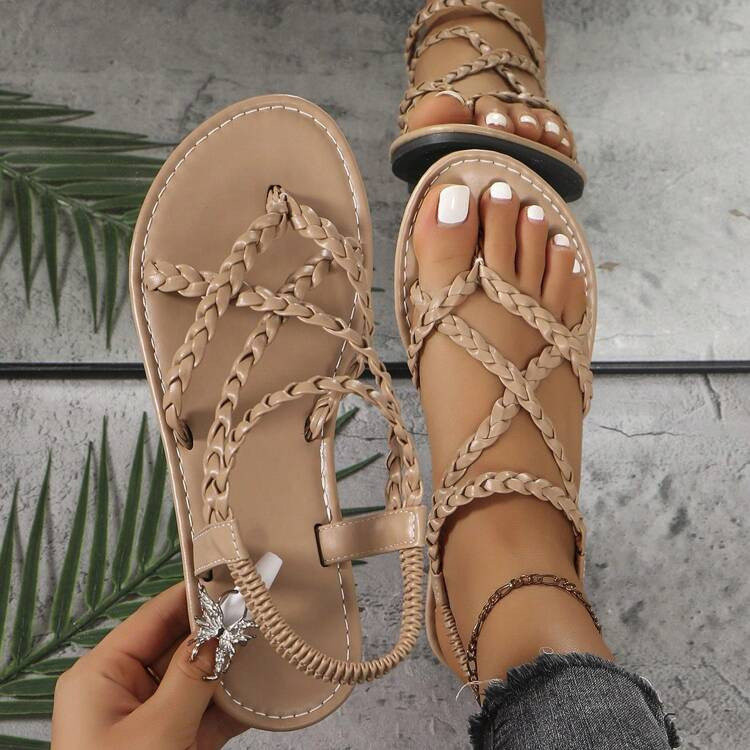 Women's Woven Flat Sandals In Black, Brown, Apricot And Coffee Colors, Solid Color With Toe Ring, Non-Slip Outdoor And Indoor Slippers,Spring Summer Outfits | SHEIN
