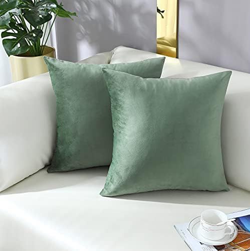 mixeoo Comfy Sage Green Throw Pillow Covers Decorative Square Solid Thick Velvet Super Soft Cushion  | Amazon (US)