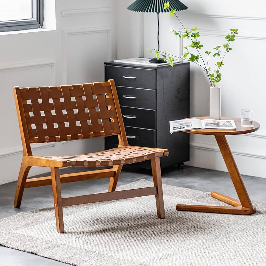 Okeysen Mid Century Modern Chair for Living Room, Woven Leather Accent Chair with Boho Wood, Mode... | Amazon (US)