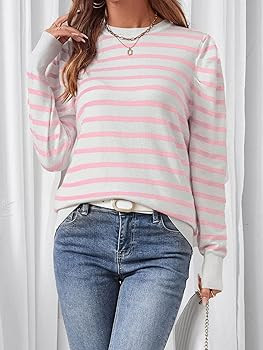 Women's Long Puff Sleeve Knit Tops Trendy Crew Neck Striped Blouses Casual Pullover Sweater | Amazon (US)