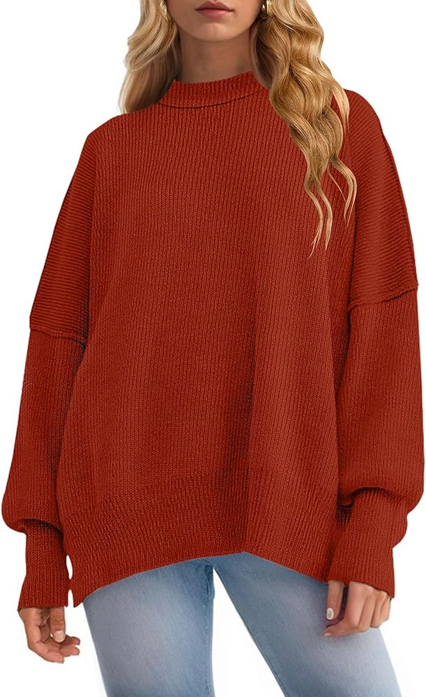ZESICA Women's 2023 Fall Casual Long Sleeve Crew Neck Side Slit Oversized Ribbed Knit Pullover Sw... | Amazon (US)