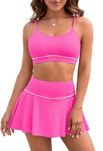 Pink Queen Sexy High Waisted Bikini Set for Women Swimwear 2 Piece Swimsuit Scoop Neck Bikini Top with Swim Skirt Athletic Bathing Suit Bright Pink M | Amazon (US)