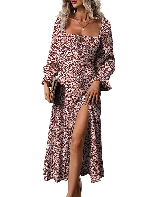 BLENCOT Womens Casual Square Neck Long Sleeve Boho Floral Midi Dress Print Side Split Dresses | Amazon (US)