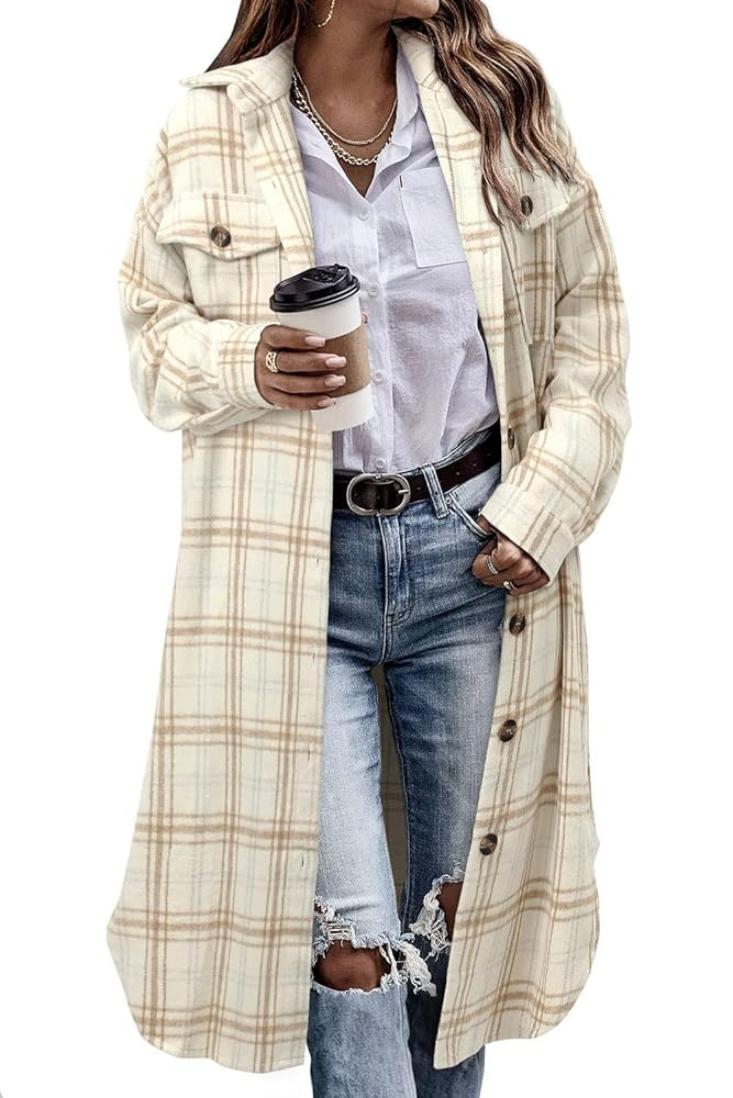 Amazon.com: CHICZONE Womens Casual Lapel Button Down Long Plaid Shirt Flannel Shacket Jacket Tart... | Amazon (US)