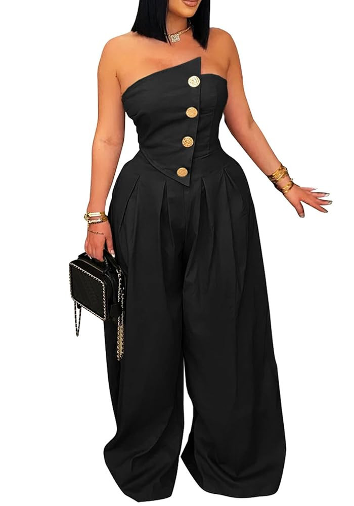 SHINFY Women Summer Strapless Wide Leg Jumpsuits Loose Casual Off Shoulder Tube Top Sexy One Piec... | Amazon (US)
