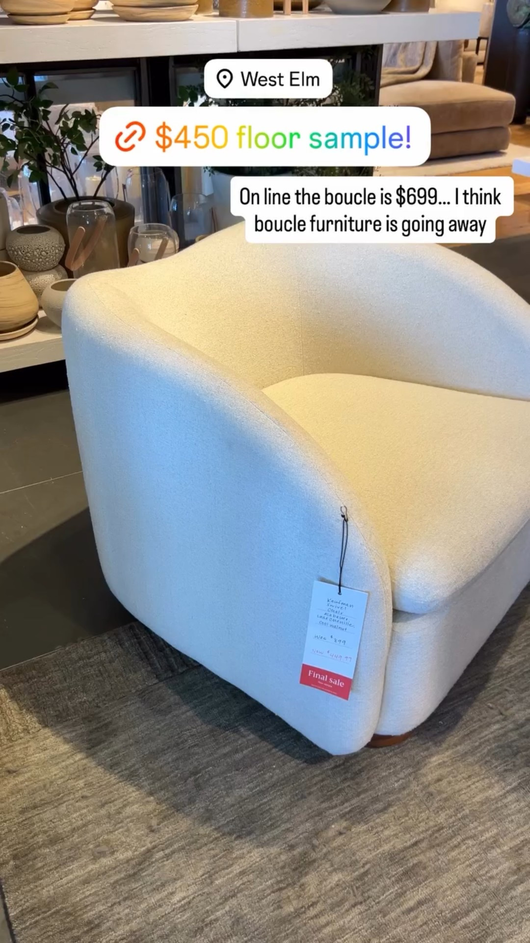 Online the boucle swivel accent chair is $699… I think boucle furniture is going away. This one is perfect to update your living room, bedroom or home office. RUN before it’s gone!

#LTKSaleAlert #LTKOver40 #LTKHome