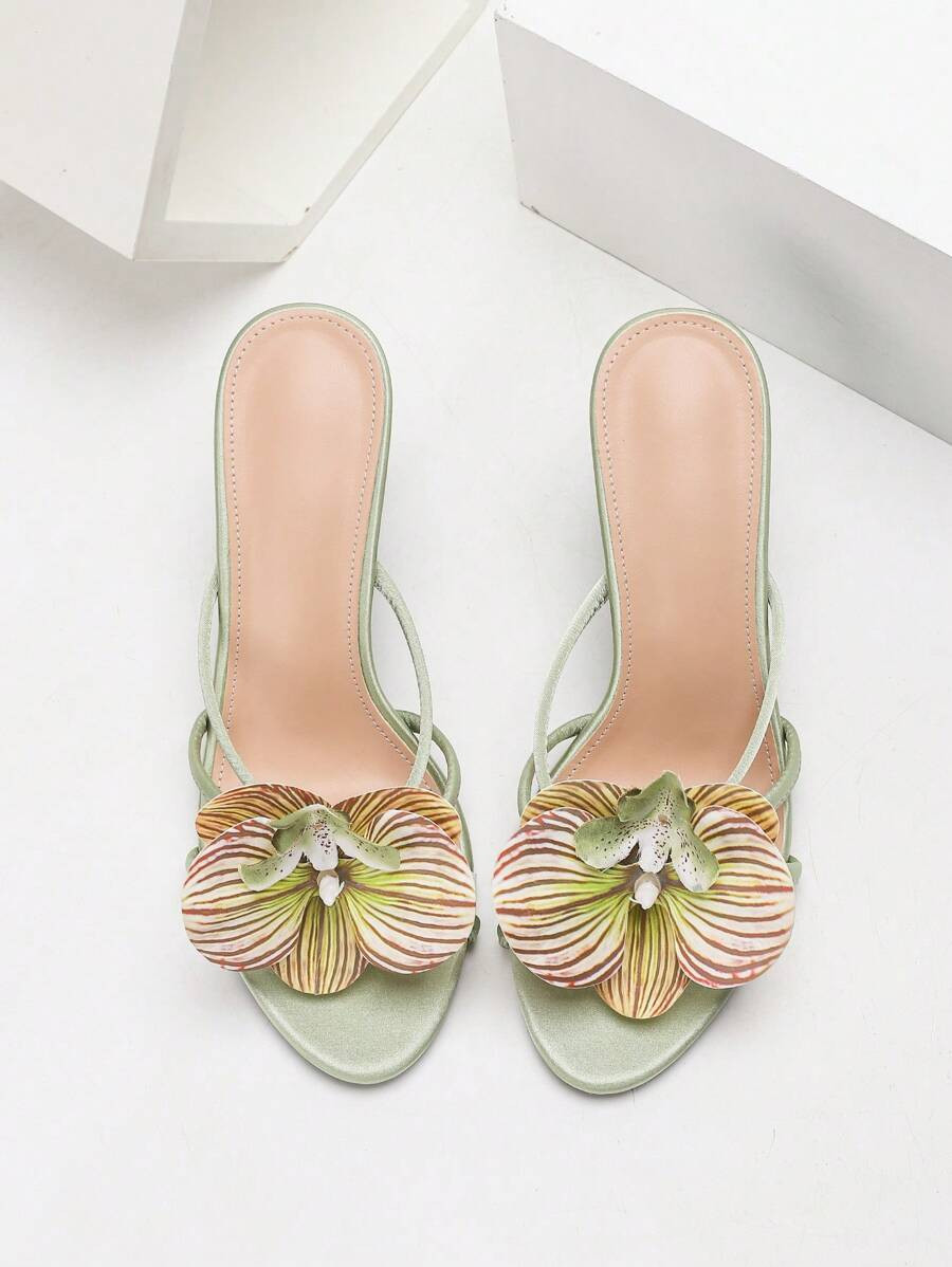 CUCCOO SZL Women's Fashion Green Orchid Decor Thin High Heel Sandals, Suitable For Vacation And P... | SHEIN