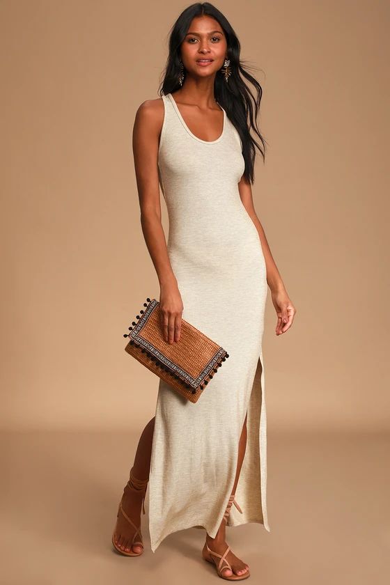 Relaxed but Not Least Beige Ribbed Sleeveless Maxi Dress | Lulus