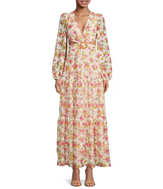 Lillian Floral Print Long Sleeve Deep V-Neck Cut-Out Tiered A-Line Dress | Dillard's