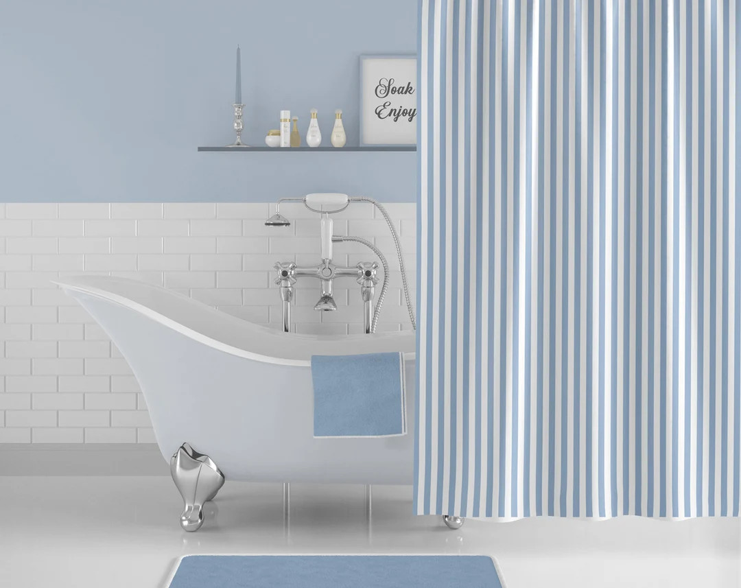 Shower Curtain Bathroom Stripes 1 Light Blue & White Country French Modern Farmhouse Art Print Be... | Etsy (US)