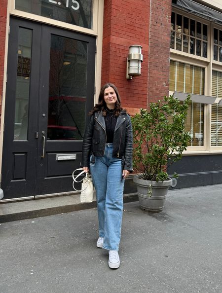 Loving the simple outfits these days when I don’t know what to wear! Layering my all lace top under a leather jacket with the relaxed 90’s curve love jeans from Abercrombie and paired with my converse and a white bag  

#LTKfindsunder100 #LTKSeasonal #LTKstyletip