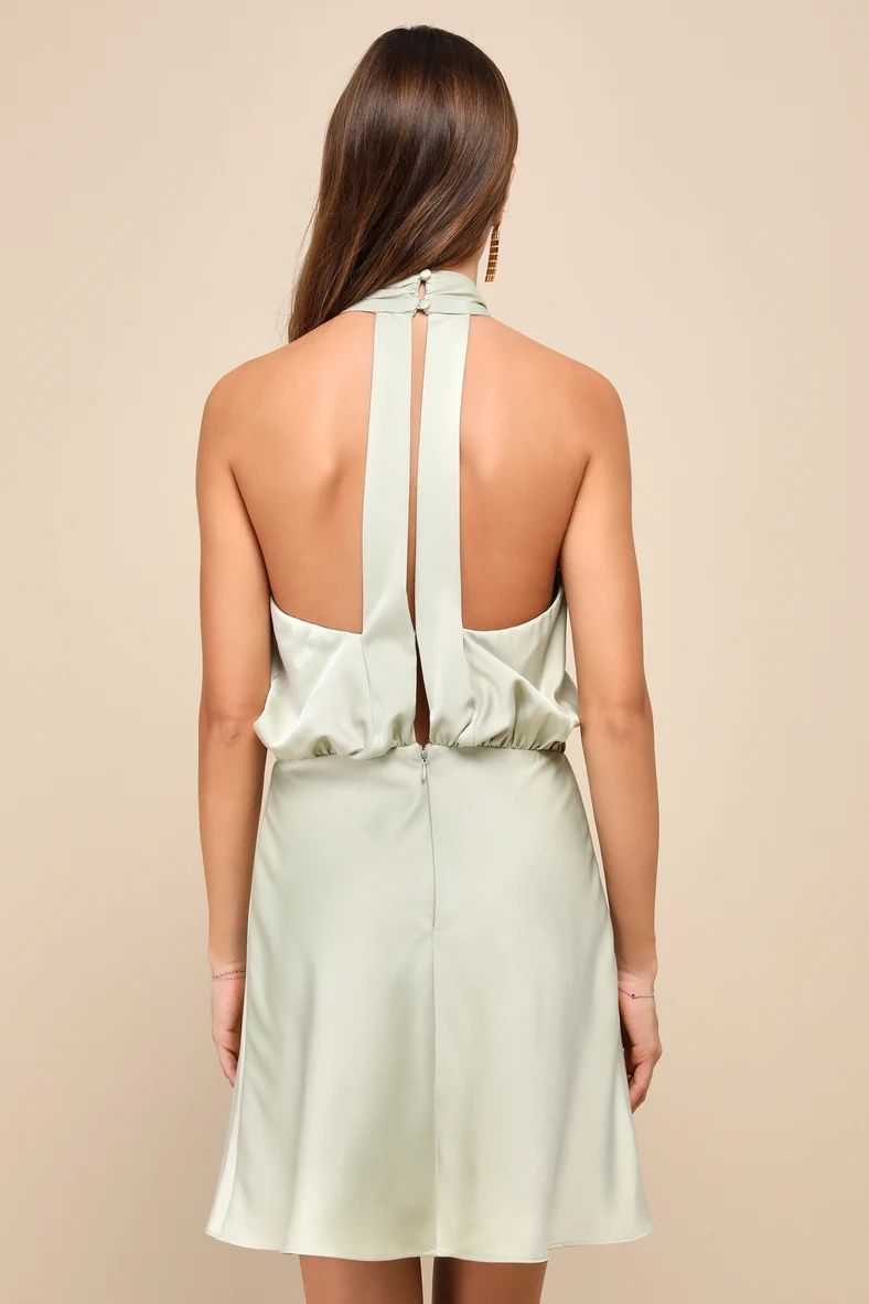 Sleek Essence Sage Green Satin Halter Sleeveless Mini Dress | Lulus