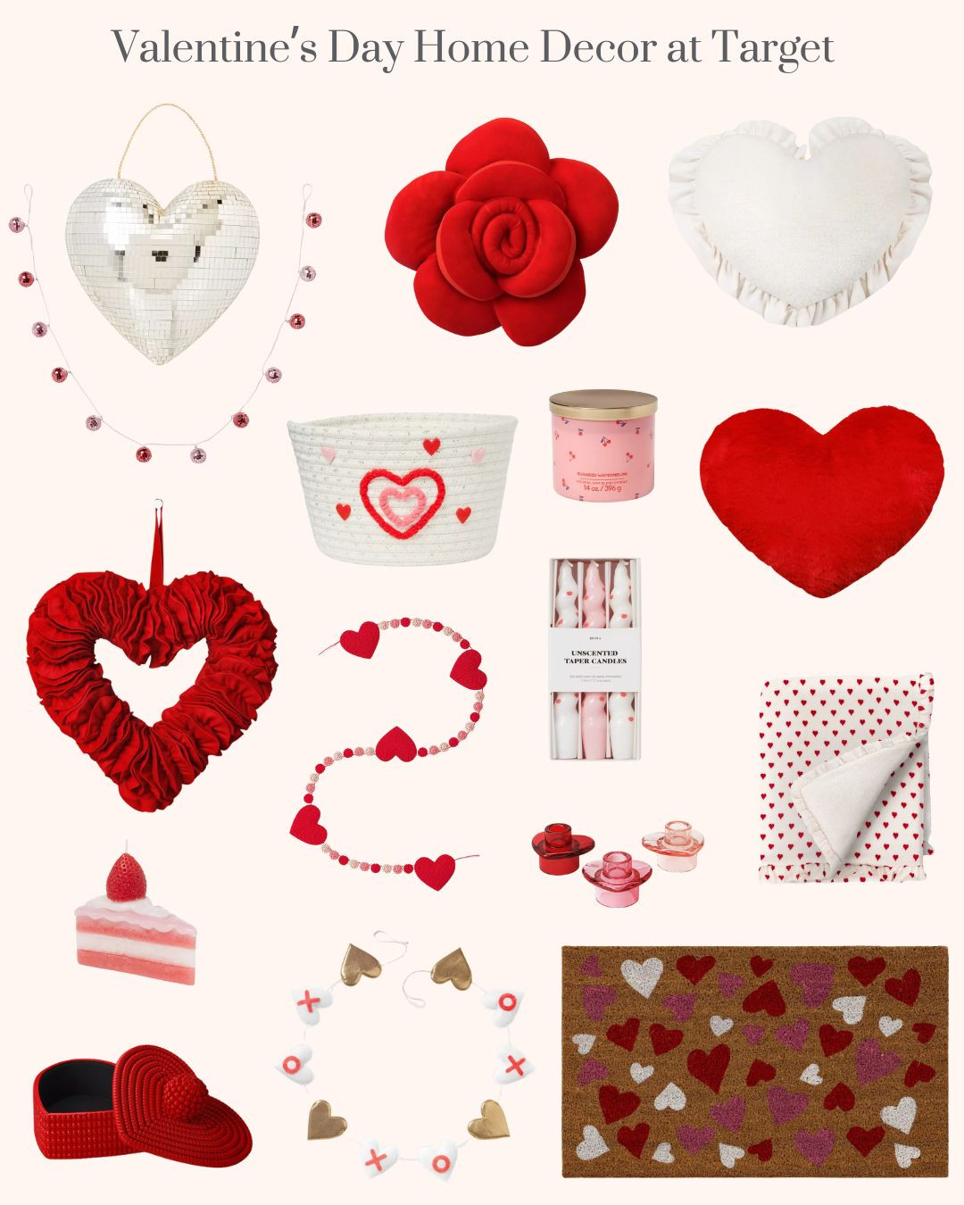 Valentine's Day Home Decor at Target. Valentines Home Decorations. Red Beaded Heart Valentine's Decorative Box. Red Felt Heart Valentine's Decorative Wreath. 3pk Glass Heart Valentine's Candle Holders. Beaded Heart Valentine's Garland. 72" Valentine's Day Heart Wall Garland Decor Metallic Gold, White and Pink. Heart Rope Valentine's Day Decorative Basket. 6pk Taper Candle Set White and Pink. 3-Wick Glass Jar Candle with Lid Sugared Watermelon 14oz. Strawberry Shortcake Figural Candle. 1'6"x2'6" Valentine's Day All Over Hearts Coir Doormat. Ivory Oversized Heart Velvet Pillow with Faux Shearling Reverse. Red Plush Shaped Hearts Throw Pillow. Red Rose Pillow. Mini Hearts Printed Plush Throw with Faux Shearling Reverse and Ruffle Trim. 72" Disco Ball Valentine's Day Garland Pink/Purple. 9" Heart Valentine's Day Disco Ball. 

 #LTKSeasonal #LTKHome #LTKFindsUnder50