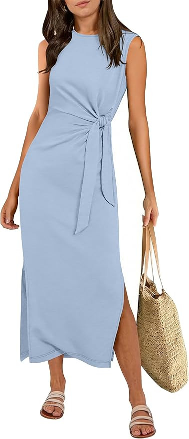 ANRABESS Womens Summer Maxi Dress Casual Crew Neck Tie Waist Split Wrinkle-Free Fit Tank Long Vac... | Amazon (US)