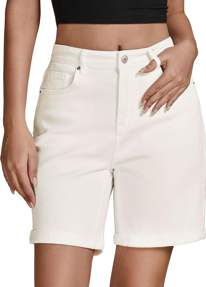 LookbookStore Jean Shorts for Womens High Waisted Stretchy Summer Denim Shorts 7 Inch Inseam Cuff... | Amazon (US)