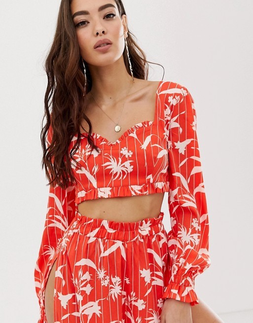 ASOS DESIGN bardot milkmaid beach top in flamenco floral stripe print two-piece | ASOS US