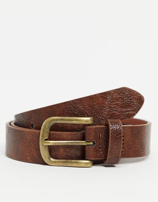 ASOS DESIGN skinny belt in vintage tan faux leather with antique gold buckle | ASOS (Global)
