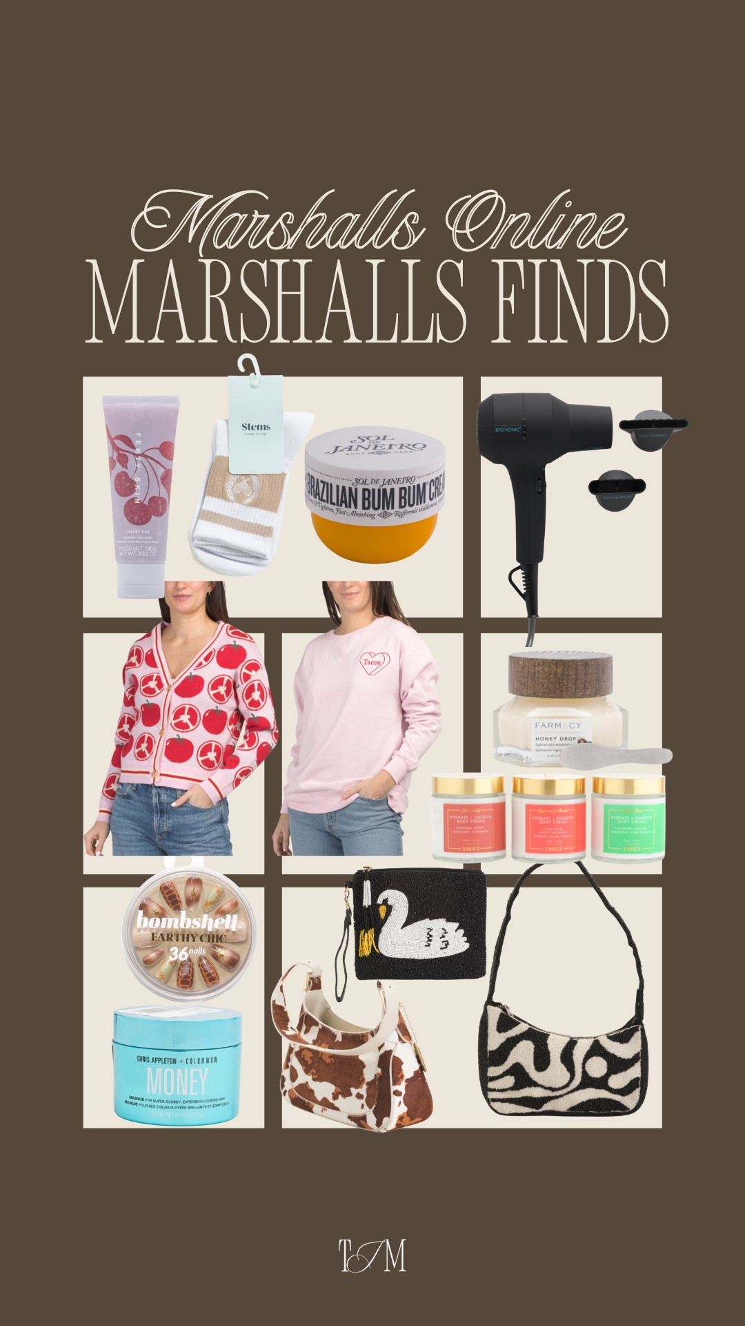 Found some major gems at Marshalls! 🛍️✨ This beauty and fashion haul is everything you need for a little refresh. From viral skincare favorites like the Farmacy moisturizer and Sol de Janeiro Bum Bum Cream to the cutest tomato-print cardigan, these finds are way too good to miss. Whether you are grabbing some new press-on nails or treating your hair to the Money Mask, these Marshalls finds are a 10/10! date night outfits, accolade crew neck pullover, satin effect wrap blouse, super bowl hosting, dark wash denim, brooch, lace trim, chocolate brown outfit, romantic knits, valentines day outfit women, analog hobbies, Marshalls finds, Marshalls haul, beauty favorites, Farmacy moisturizer, Sol de Janeiro, Bum Bum Cream, Fenty Skin, Clinique, Chris Appleton Money Masque, press-on nails, tomato cardigan, beaded handbag, zebra print, affordable luxury, shop with me, LTKbeauty 

 #LTKNYFW #LTKOver40 #LTKTall