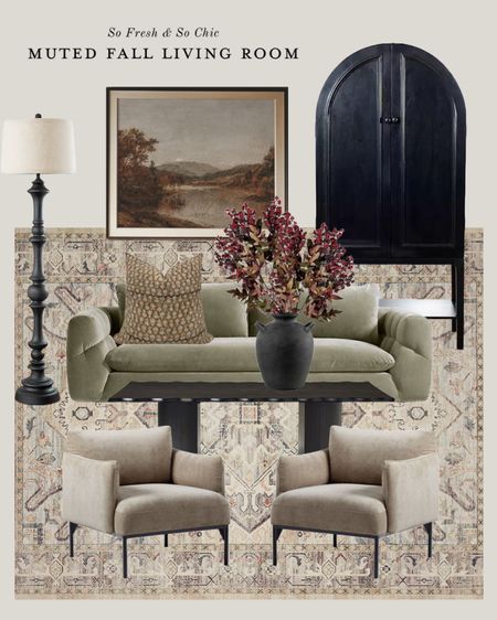 Muted Fall living room decor. The black arched cabinet is 40% off now and under $600!
-
Living room mood board - transitional decor - transitional living room - black arched cabinet under $600 - fall vintage landscape art - digital printable Fall art - black turned wood floor lamp with white shade - ivory neutral traditional Loloi rug - west elm penn arm chair beige - mint green velvet crate and barrel sofa - fall stems Afloral - black vase with handles Kirkland Home - fall decor sale - black wood wavy edge coffee table West Elm - etsy printed brown throw pillow - fall decor sale 

#LTKsalealert #LTKunder100 #LTKhome