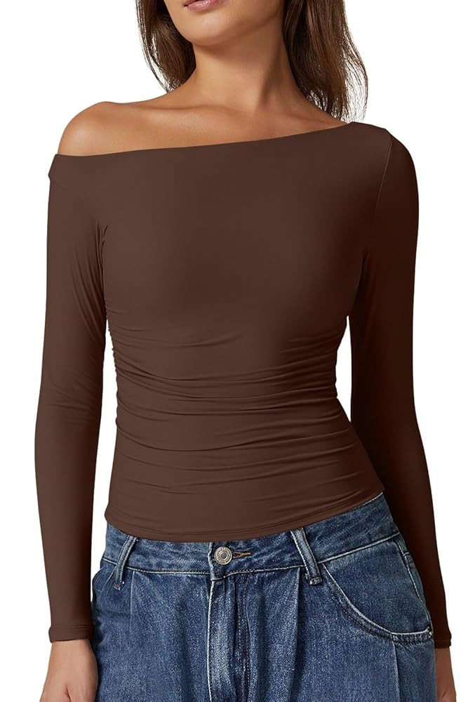 QINSEN Women's Sexy Off Shoulder Shirt Long Sleeve Double Lined Tops Side Ruched Fitted Tees | Amazon (US)