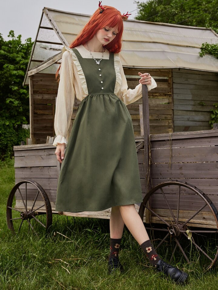 Fairycore Ruffle Trim Button Front Overall Dress Without Blouse | SHEIN