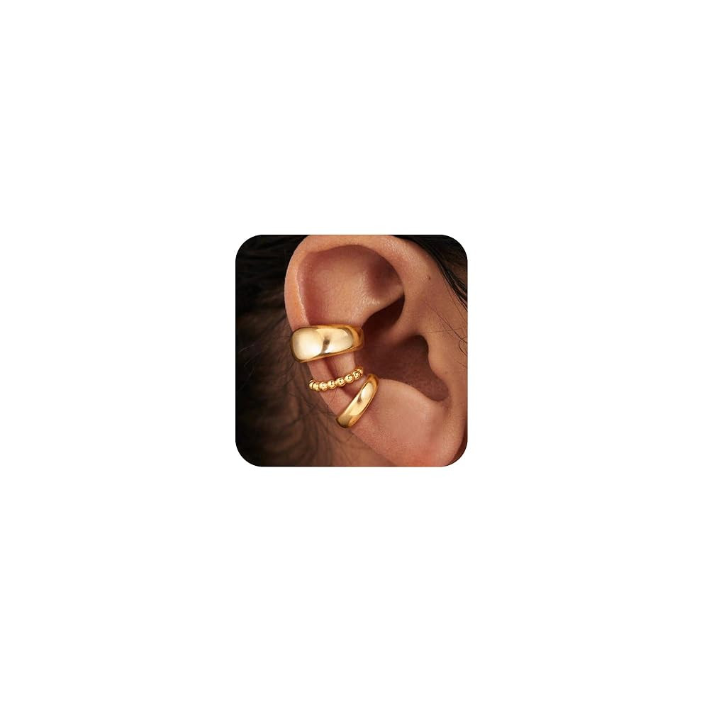 Moodear 3Pcs Chunky/Thin Ear Cuffs Non Piercing for Women - Dainty 14K Gold Plated Cuff Earring T... | Amazon (US)