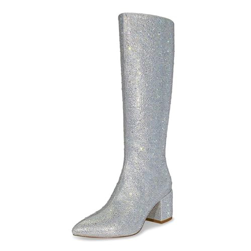 wetkiss Rhinestone Knee High Boots for Women - Silver Sparkly Glitter Boots with Pointed Toe, Bling Sequin Chunky Heel | Amazon (US)