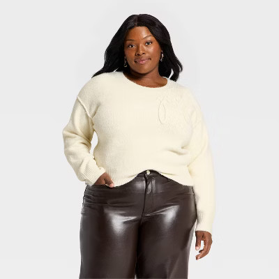 Women's Long Sleeve Holiday Crewneck Pullover Sweater - Universal Thread™ Cream Letters | Target