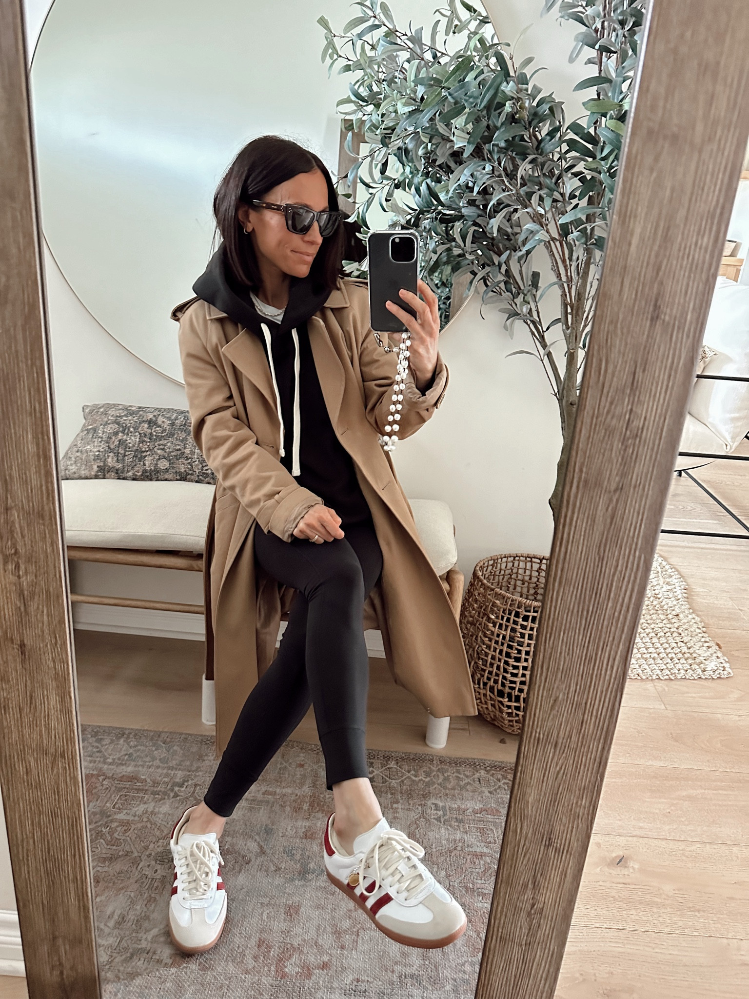 Today’s outfit 
Wearing a small in hoodie but wished I had a medium for longer coverage 
Leggings are so comfortable and tie at the waist 3 inseam options I’m wearing the regular 
Wearing a 4.5 in men’s sizing in these sambas 

#LTKover40