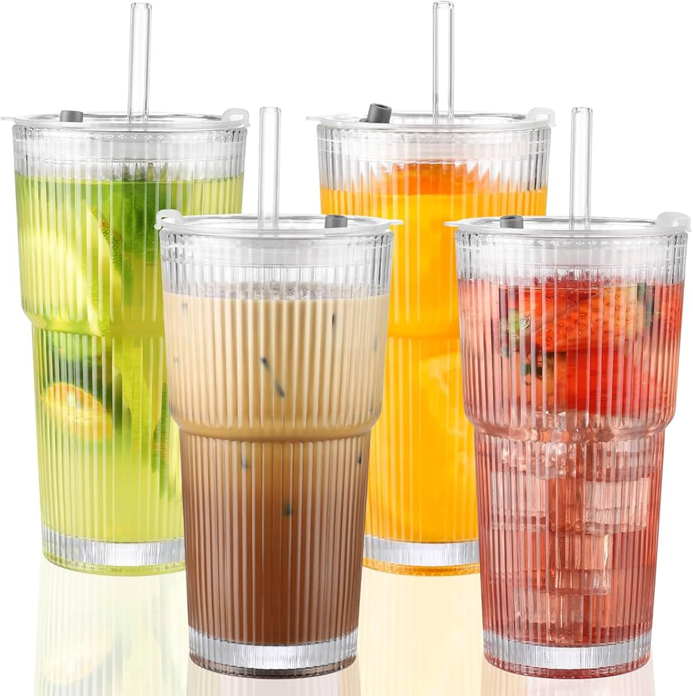 20 oz Glass Cups with Lid and Straw 4 Set, Glass Tumbler with Straw and Lid, Vintage Glassware fo... | Amazon (US)
