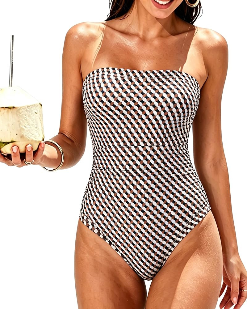 SUUKSESS Women One Piece Tummy Control Swimsuit Strapless Bandeau Bathing Suit | Amazon (US)