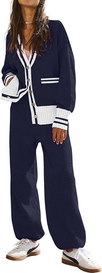 Women's 2 Piece Outfit Lounge Set Trendy Cardigan Sweater Pants Sets V Neck Button Pocket Knit Ma... | Amazon (US)