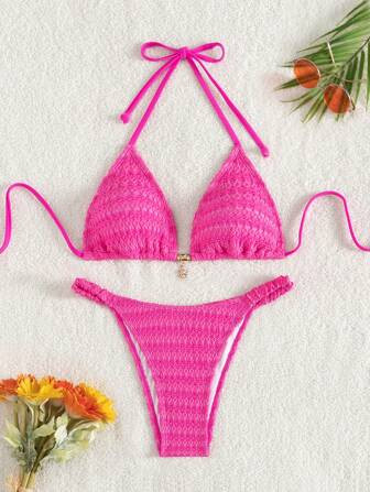SHEIN Swim Summer Beach Solid Color Textured Two-Piece Swimsuit Set | SHEIN
