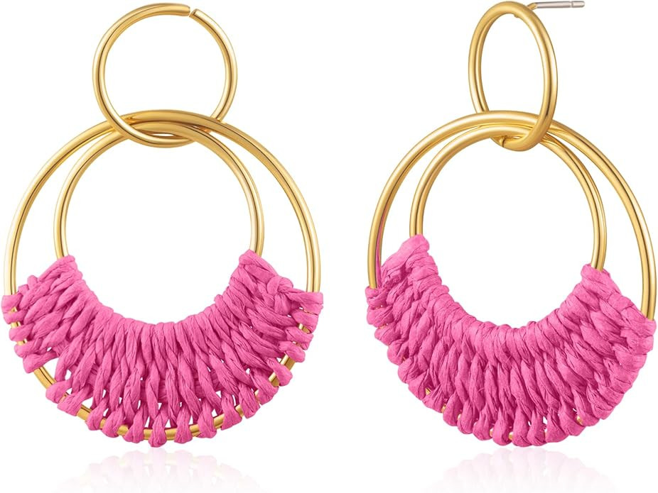 Summer Raffia Round Circle Earrings, Raffia Straw Wrapped Handmade Earring for Women, Boho Dangle... | Amazon (US)