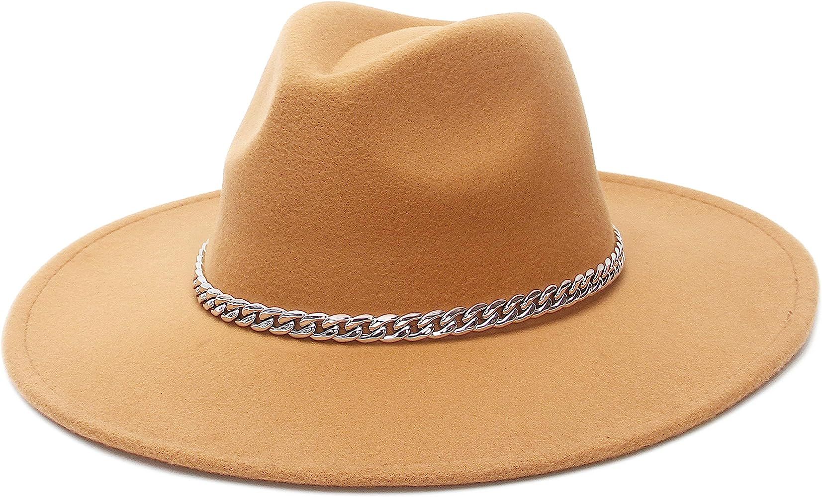 Women & Men Wide Brim Fedora Hat Vintage Panama Cap with Chain Belt Buckle | Amazon (US)