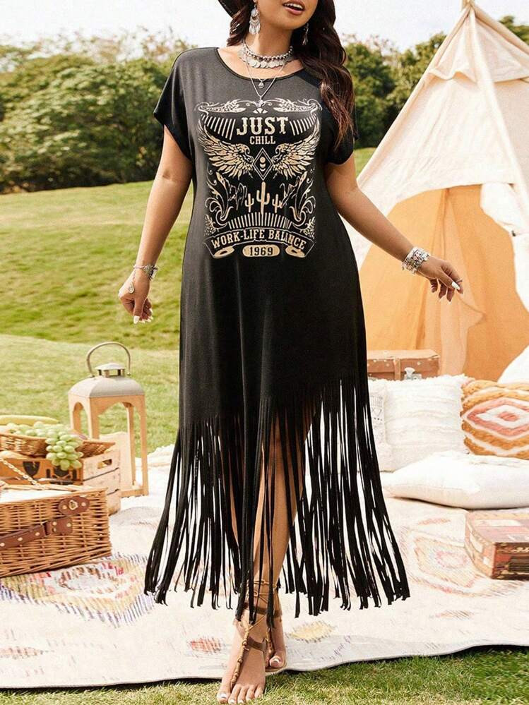 SHEIN LUNE Plus Size Women Western Style Festival Casual Vacation Music Festival Placement Floral Print Fringe Hem Long Sleeve Dress, Spring/Summer | SHEIN USA | SHEIN