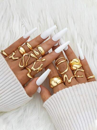 15 Pieces Fashion Wide Face Geometric Asymmetric Open Line Wrap Ladies Ring Set Ladies Holiday Party Date Daily Wear Gifts | SHEIN