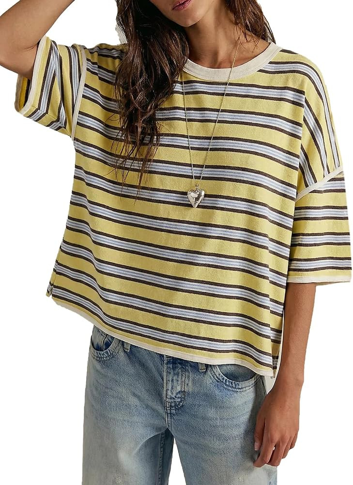 Womens Oversized Striped T-Shirt Cotton Boxy Crop Top 90s Retro Drop Shoulder Ringer Tee Casual S... | Amazon (US)