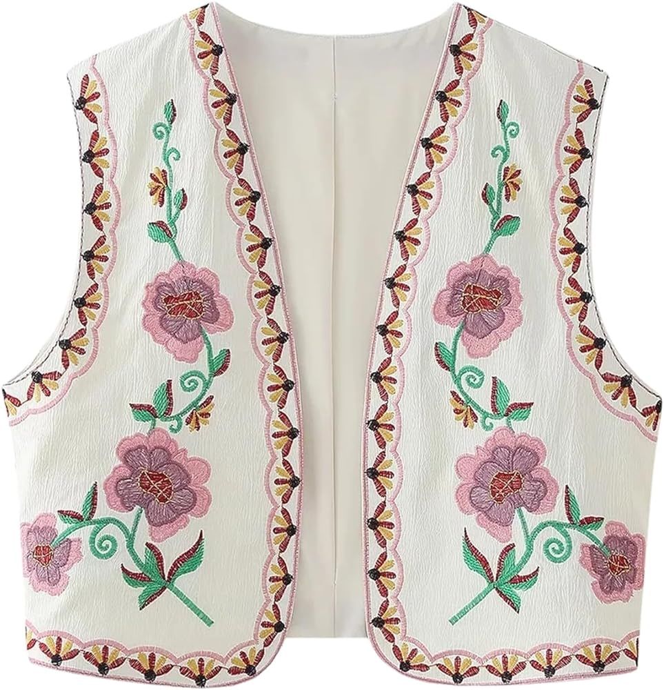 Yimoon Women's Vintage Floral Embroidered Vest Boho Casual Open Front Sleeveless Cardigan Waistco... | Amazon (US)