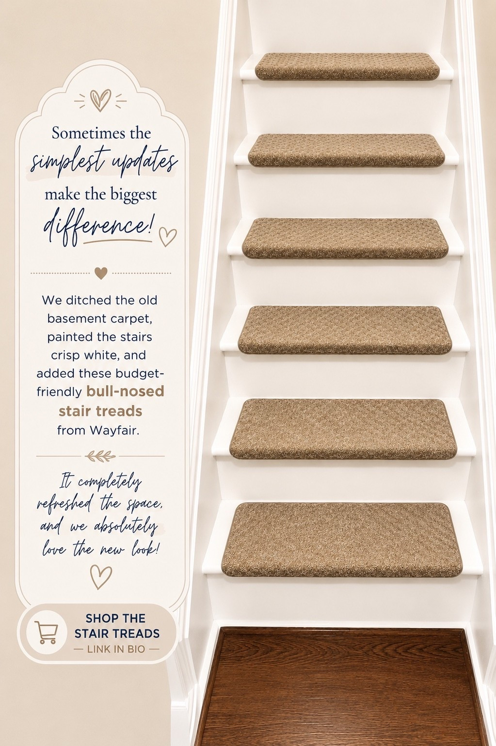 A simple stair makeover made such a huge difference! 🤍 We painted our basement stairs crisp white and added these affordable bull-nosed stair treads from Wayfair for an easy DIY refresh. They instantly gave our staircase a cleaner, more finished look without the cost of replacing the carpet. If you’ve been wanting to update your stairs on a budget, I highly recommend these!

#LTKHome #HomeRefresh #DIYHomeProjects #WayfairFinds #StairMakeover