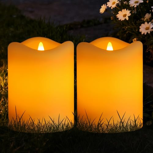 Solar Candles Outdoor Waterproof 2 Pack, 3"x4" Flickering Flameless Solar Pillar Candle Lights, Dusk to Dawn Warm Amber Solar Candles for Lanterns, Garden, Patio, Porch, Backyard Decor, Memorial Gifts | Amazon (US)