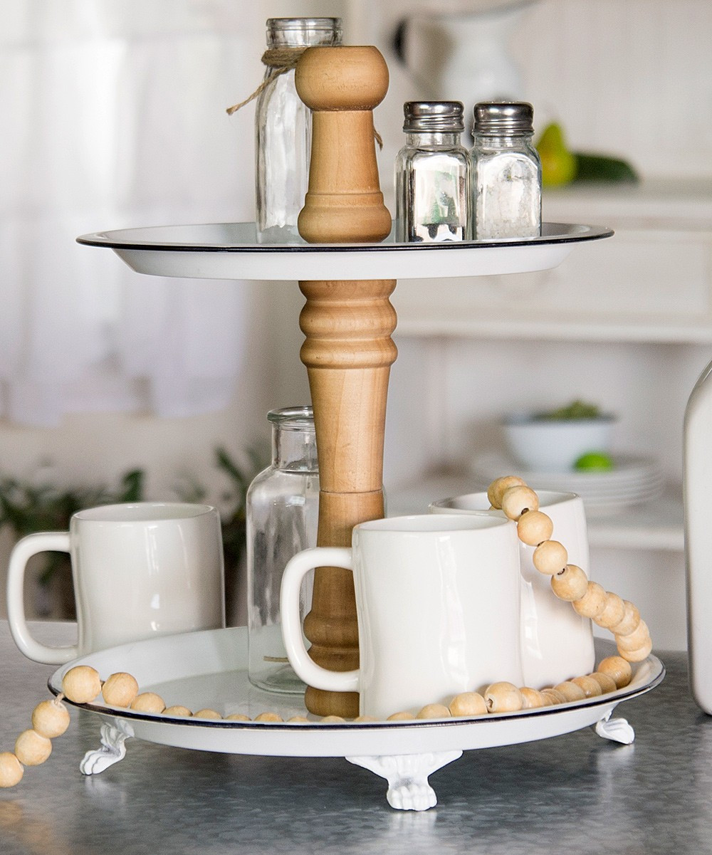 American Mercantile Decorative Trays White/Brown - Metal Two-Tiered Tray | Zulily