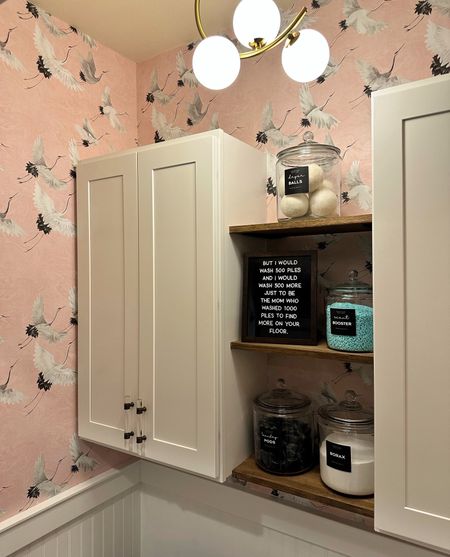 Laundry Room. Dusty Rose. Crane wallpaper. Glass jars. Bubble moon light  

#LTKhome #LTKstyletip #LTKfindsunder100