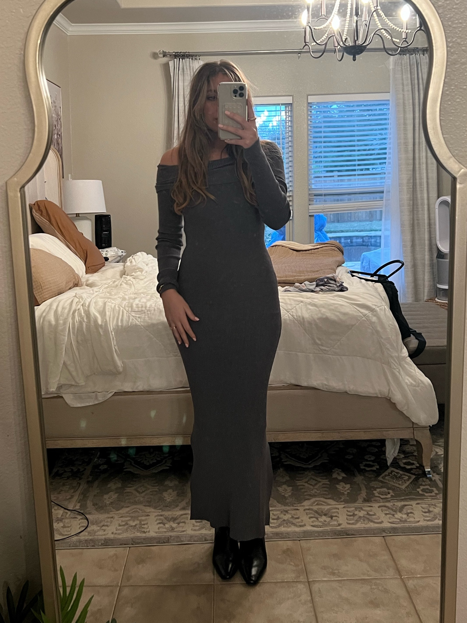 Winter off the shoulder dress from princess Polly// madewell heels

#LTKstyletip #LTKSeasonal #LTKMostLoved